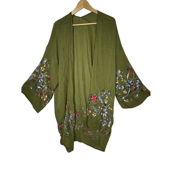 Three Bird Nest Womens Green Floral Embroidered Kimono OS Boho Indie Festival - Picture 2 of 12